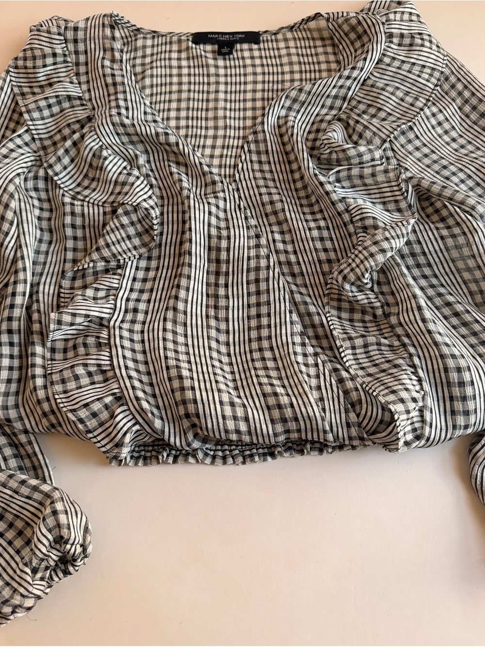 Marc New York Black and White Plaid Ruffle V-Neck Blouse